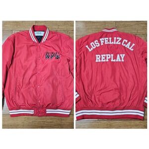 Replay Bomber Jacket Mens Size M Red Varsity Los Feliz Cal Snap Front Coat